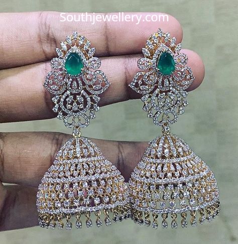 18 Carat gold diamond emerald jhumkas by P Satyanarayan and Sons Jewellers. diamond jhumkis weight and price, buttalu, Antique Turquoise Jewelry, Diamond Jhumkas, Diamond Earrings Wedding, Bridal Diamond Necklace, Jewellery Board, Gold Jewelry Outfits, Diamond Jewelry Set, Antique Gold Jewelry Indian, Antique Turquoise