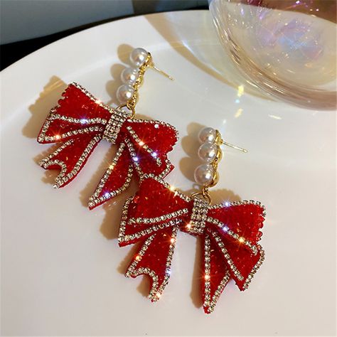 Fyuan Korean Style Red Bowknot Dangle Earrings For Women Three Pearl Rhinestone Earrings Weddings Party Jewelry Accessories - Dangle Earrings - AliExpress Martini Outfit, Friends Style, Vintage Clip Earrings, Rhinestone Material, Pearl Bow, Holiday Music, Swirl Earrings, Sparkle Jewelry, Wedding Party Jewelry