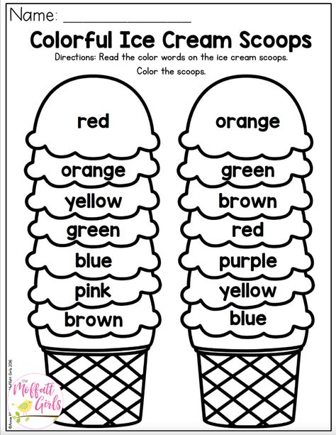 Summer School Activities, Homeschool Preschool Activities, English Activities For Kids, Colorful Ice Cream, Kids Worksheets Preschool, Free Preschool Worksheets, Ice Cream Scoops, Learning Tips, Kids English