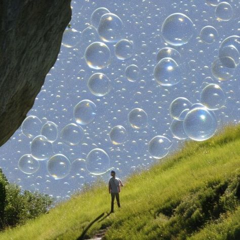 A boy surrounded by Magical Bubble in the forest with Rock caves Bubble Magic, Bubble Boy, Man Standing, Album Design, Design Inspo, Mood Board, The Outsiders, Art Projects, Bubbles