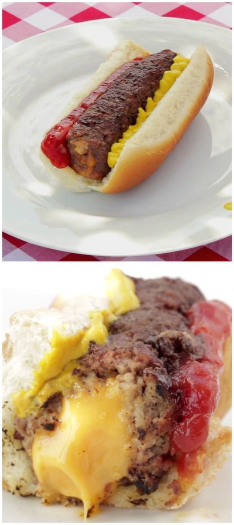 Cheese-Stuffed Burger Dogs | How To Make The Ultimate Cheese-Stuffed Burger Dog Burger Dog, Burger Dogs, Homemade Burgers, Hot Dog Recipes, Recipes Pasta, Hamburger Recipes, Corn Dogs, Dog Recipes, Beef Dishes