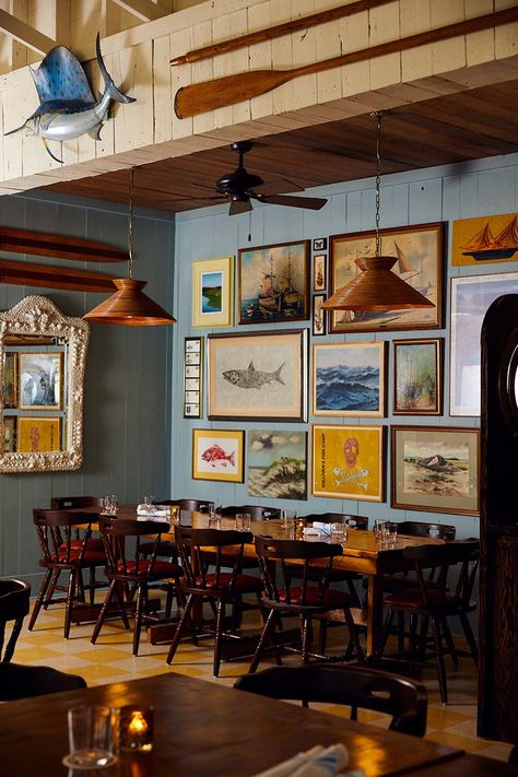 Sullivan's Fish Camp Sullivan's Island Restaurant Design by Basic Projects New England Restaurant Design, Fish Camp Decor, Lake Restaurant Design, Sullivans Fish Camp, Nautical Restaurant Design, Fish Interior Design, Seafood Restaurant Interior, Nautical Restaurant, Boathouse Restaurant