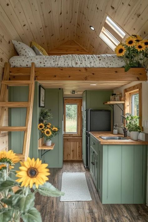 Sage Green Tiny House, Sage Green Rv Cabinets, Small Shack House, Cute Tiny House Interior, One Story Tiny House Interior, Pretty Camper Interior, House Trailer Ideas, Tiny House Vintage Style, Functional Tiny House