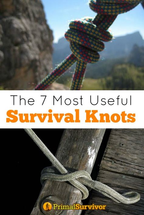 The 7 Most Useful Survival Knots You Need to Know. Rope is one of the most important pieces of survival kit to have in your bug out bag. Improperly tied rope could result in disaster – like when your tarp shelter comes untied and cashes down on you in the middle of a thunder storm or the boat you tied up gets loose and floats downstream.  There are literally thousands of different ways to tie rope.  You probably aren’t going to learn all of them, so start with these 7 most useful survival knots. Survival Knots, Knots Guide, Survival Bag, Survival Supplies, Knot Tying, Knots Diy, Survival Stuff, Rope Knots, Survival Techniques