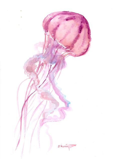 Watercolor Jellyfish Artwork, original painting, soft pink elegant hand-painted, one-of-a kind wall art by WatercolorBySuren on Etsy Things To Water Paint, Water Colour Prints, Wet On Wet Watercolor Paintings, Unique Watercolor Paintings Ideas, Watercolor Art Paintings Easy, Creative Watercolor Paintings, Easy Water Coloring For Beginners, Water Colour Painting Ideas Inspiration, Water Coloring Painting Ideas