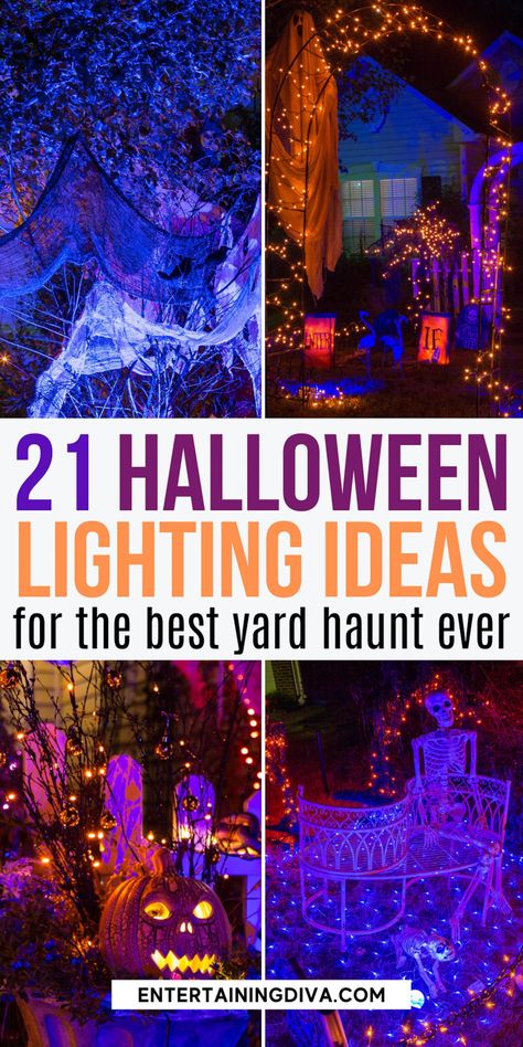 Front Yard Halloween Lights, Witchy Porch Ideas, Hocus Pocus Outdoor Decorations, Halloween Yard Ideas, Halloween Front Yard, Halloween Lighting Outdoor, Pumpkin Lanterns, Halloween Lighting, Outdoor Halloween Decor