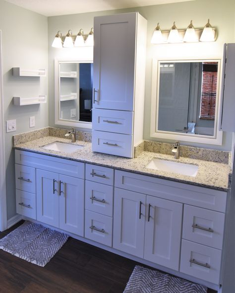 Ice White Shaker vanities with countertop wall cabinet, dual sinks and granite countertop. Grey Countertops Bathroom, Cabinet On Countertop, Bathroom Countertop Cabinet, Large Bathroom Cabinets, Parents Bathroom, Custom Bathroom Cabinets, Guest Bathroom Ideas, Countertop Cabinet, Master Bath Vanity