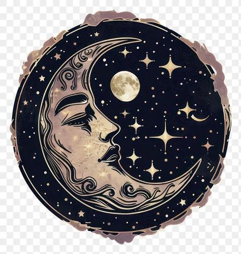 Moon Face Illustration, Vintage Sun Art, Moon Face Art, Face Illustration Art, Tattoos Placement Ideas, Crescent Moon With Face, Moon Illustration Art, Moon Transparent, Moon With Face