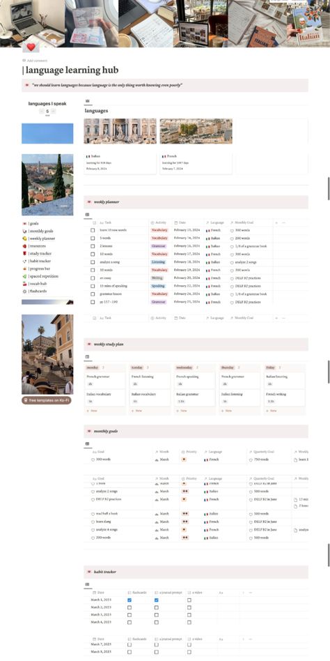 #Language_Learning_Tracker #Notion_Template_Language #Language_Learning_Template #Language_Learning_Notion Notion Study Tracker, Language Study Template, Notion Template Ideas Language Learning, Notion For Language Learning, Notion Language Template, Notion Language Learning Template, Pretty Notion, Notion Template Language, Learning Tracker