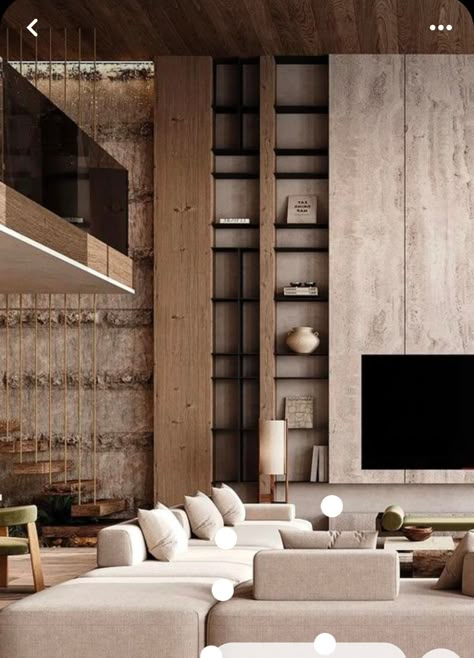 Wabi Sabi Apartment, Japandi Apartment, Double Height Living Room, High Ceiling Living Room, Wabi Sabi Interior, Japandi Living, Double Height, Tv Wall Design, Lounge Design