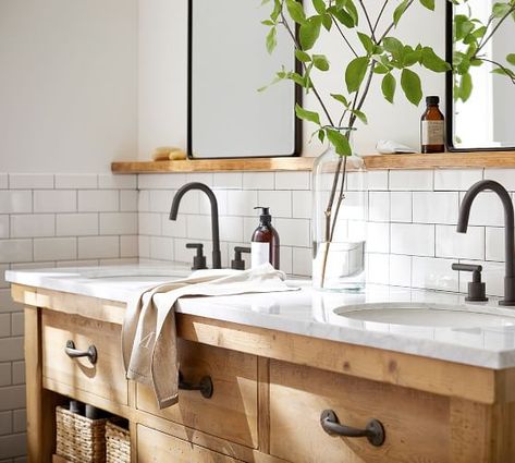 Benchwright Reclaimed Wood Double Sink Vanity - Wax Pine Finish Farm Style Bathrooms, Primitive Bathrooms, Double Sink Vanity, Widespread Bathroom Faucet, Bathroom Renos, Double Sink, Farmhouse Bathroom, Bathroom Faucet, White Bathroom