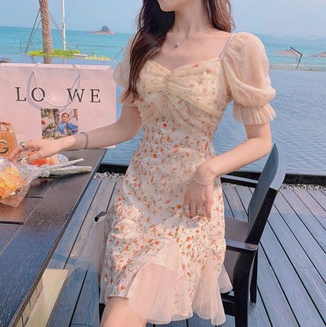 Cute French Floral Chiffon Dress Sexy Puff Sleeve Lace Mini | Etsy Korean Party Dress, Long Sleeve Mermaid Dress, Simple Long Dress, Floral Dress Outfits, Simple Frock Design, Elegant Summer Dresses, Picnic Dress, Dress With Shawl, Floral Chiffon Dress