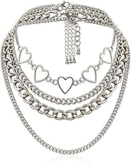 Amazon.com: Simple Hearts Necklace Lolita Choker Chain for Girls Women Layered Cuban Chunky Chain Necklace Chic Style Wedding Dress Jewelry (Silver 1): Jewelry Egirl Jewelry, Y2k Chain, Indie Necklace, Grunge Chokers, Simple Heart Necklace, Hipster Jewelry, Multilayer Necklace, Grunge Accessories, Alt Clothes