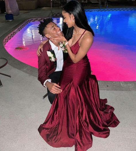 Red Couple Outfits Matching, Red Formal Couple Outfit, Wine Prom Dress Couple, Hoco Couples Black, Match Prom Outfits, Dark Red And Black Prom Couple, Matching Prom Dress And Suit, Burgundy Hoco Couple, Matching Prom Outfits For Couples Red