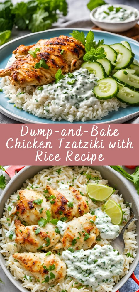 Dump-and-Bake Chicken Tzatziki with Rice Recipe | Cheff Recipes Dump And Bake Chicken Tzatziki, Chicken Taziki Recipe, Taziki Chicken Recipes, Chicken Tzatziki Recipes, Recipes With Tzatziki Sauce, Guy Healthy Recipes, Chicken And Chickpea Recipes, Crockpot Mediterranean Recipes, Mediterranean Diet Casserole Recipes