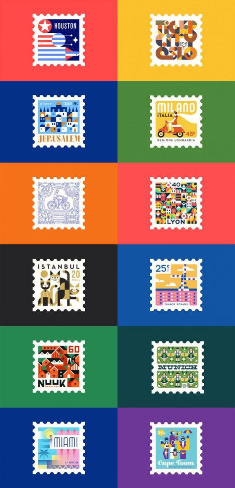 As a tribute to the art of postage #stamp #design, the team of #graphicdesign studio Makers Company has produced a series of well-illustrated stamps featuring a variety of cities and towns. All #stamps are made in a square format based on flat illustrations in different colors and shapes. Mail Stamp Design, Place Branding, Sticker Inspiration, City Branding, Postage Stamp Design, City Postcard, Template Brochure, Travel Stamp, Graphic Design Elements