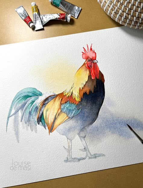 Watercolour Tutorial, Rooster Painting, Watercolor Paintings Nature, Chicken Painting, Rooster Art, Watercolor Video, Peacock Art, Watercolor Projects, Watercolour Inspiration