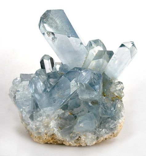 Celestite - (SrSO4) is a mineral consisting of strontium sulfate. The mineral is named for its occasional delicate blue color. Celestine is the principal source of the element strontium, commonly used in fireworks and in various metal alloys. Totem Animals, Blue Celestite, Chakra Throat, Celestite Crystal, Pastel Decor, Crystal Magic, Beautiful Rocks, Mineral Stone, Minerals And Gemstones