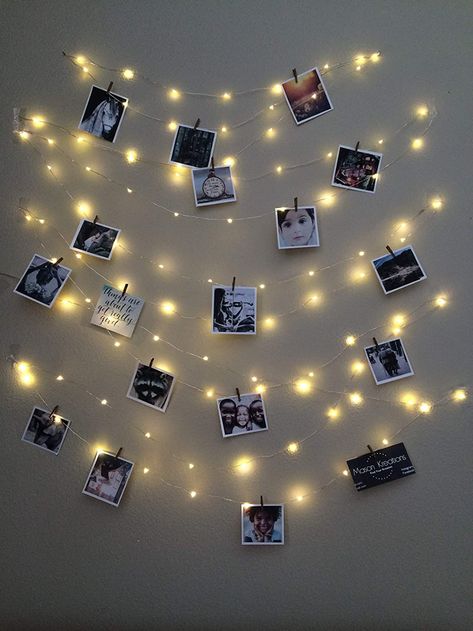 Fairy Lights Photos, Fairy Lights Decor, String Lights In The Bedroom, Polaroid Wall, Fairy Lights Bedroom, Firefly Lights, Lights Bedroom, Tumblr Rooms, Led Fairy Lights