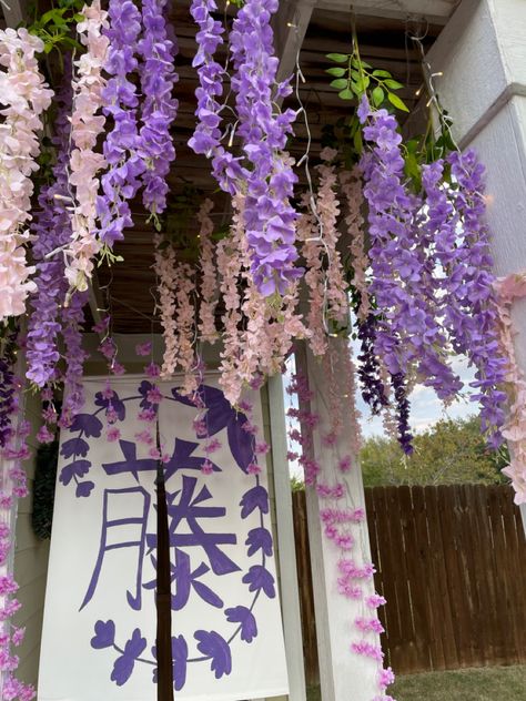 Anime Themed Decorations, Demon Slayer Room Ideas Bedrooms, Demon Slayer Trunk Or Treat, Demon Slayer Wedding Theme, Demon Slayer Inspired Room, Fake Wisteria Decor, Demon Slayer Party Decorations, Demon Slayer Themed Room, Wisteria Flower Room Decor