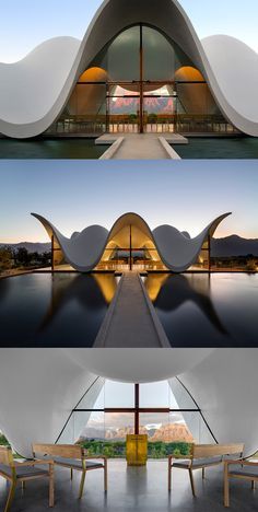 Architecture With Water, Beautiful Buildings Architecture, Bosjes Chapel, Curve Architecture, Modern Building Design, Curved Architecture, Curves Design, Condominium Architecture, Luxurious Lighting