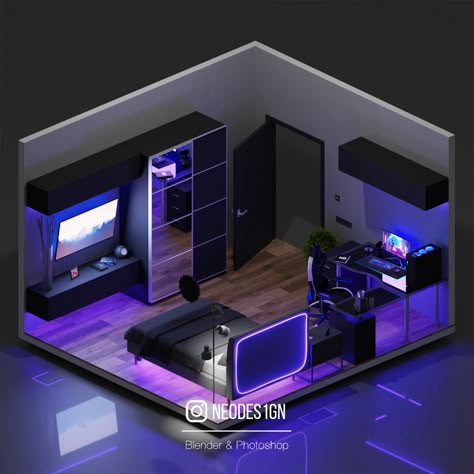 3d Gaming Room Design, Small Bedroom With Gaming Setup, Small Gamer Bedroom, Small Game Room Design, Game Room Layout, Skjulte Rum, Gaming Bedroom Ideas, Small Room Setup, Gaming Bedroom