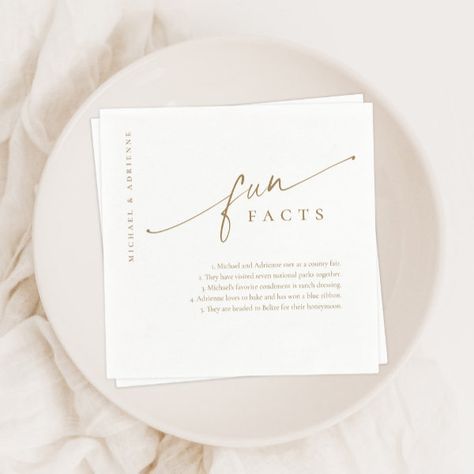 Gold Simple Modern Script Fun Facts Wedding Napkins Fun Facts Napkins Wedding, Fun Facts Wedding Napkins, Fun Facts Wedding, Engagement Party Napkins, Rehearsal Dinner Napkins, Amber Wedding, Wedding Invitation Message, Wedding Ambiance, Elegant Modern Wedding