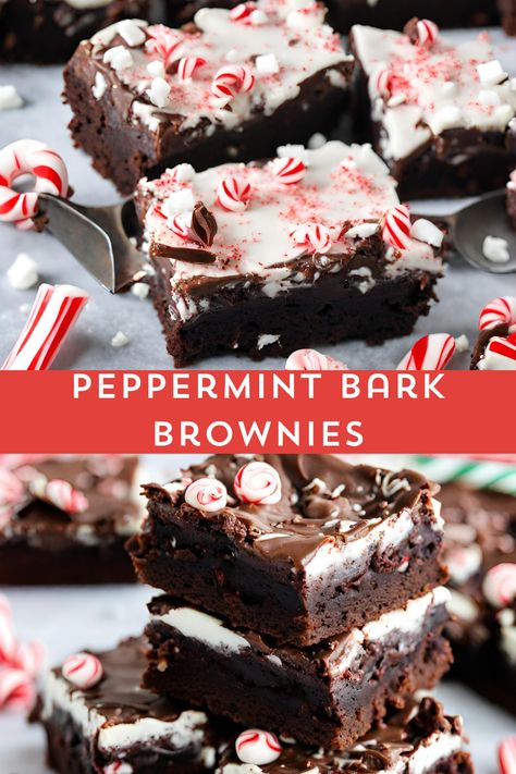 Dive into the holiday spirit with our Peppermint Bark Brownies! 🍫✨ These rich, fudgy brownies are topped with a layer of luscious peppermint bark, creating a perfect blend of chocolatey goodness and festive cheer. 🎄🍬 Share the joy this season and treat yourself to the ultimate holiday indulgence! 🌟 #HolidayTreats #PeppermintBark #BrownieLove 🎅🤶 Joanna Gaines Peppermint Bark Recipe, Festive Baked Goods, Peppermint Bark Desserts, Christmas Baking Brownies, Peppermint Baked Goods, Peppermint Brownies Easy, Peppermint Bark Cupcakes, Dark Chocolate Peppermint Bark, Christmas Brownies Ideas Easy