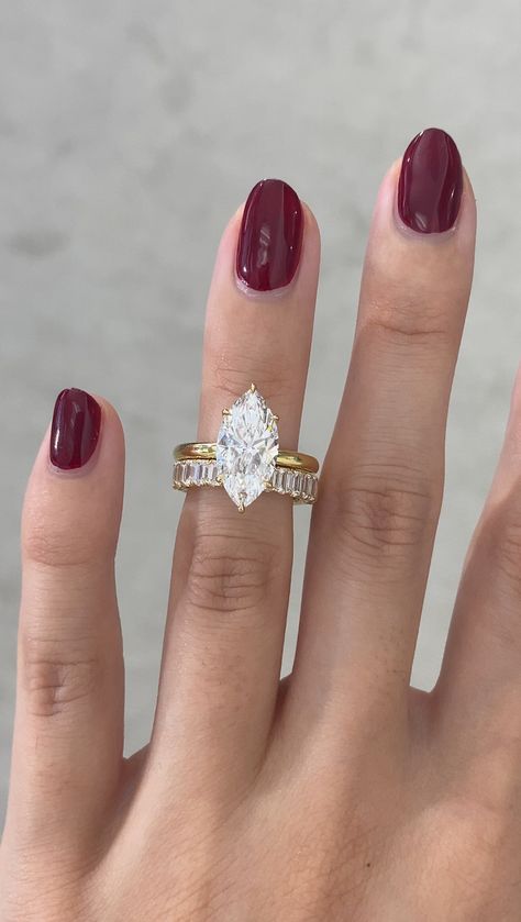 Marquise Two Tone Solitaire paired with our Emerald Yellow Gold Contour Band ✨✨ Bridal Set Engagement Rings, Marquise Engagement Ring Solitaire Gold, Tear Drop Engagement Ring And Wedding Band, Marquise Engagement Ring With Thick Wedding Band, Marquise Ring And Wedding Band, Wedding Band With Marquise Diamonds, Marquise And Round Diamond Ring, Classic Marquise Engagement Ring, Marquise Diamond Ring With Wedding Band