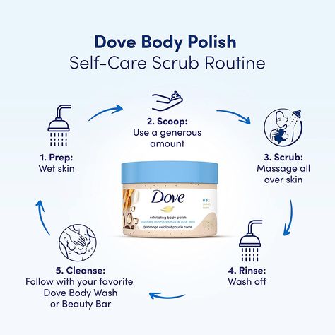 About this item -CARE WHILE YOU EXFOLIATE - Massage Dove Exfoliating Body Polish onto wet skin in the shower, before you cleanse with your favorite Dove Body Wash or Dove Beauty Bar -THOUGHTFULLY MADE - This body scrub is PETA-certified cruelty-free. Feel good about switching to Dove. A great addition to your skin care routine Dove Body Polish, Dove Scrub, Body Skin Products, Best Smelling Body Wash, Dove Exfoliating Body Polish, Smooth Skin Body, Exfoliating Body Polish, Best Body Scrub, Dove Body Wash