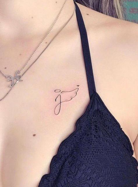 Tattoos For Late Grandma, Initial Wings Tattoo, Rip Tattoos For Husband, Angel Initial Tattoo, Collar Bone Memorial Tattoo, Minimalistic Memorial Tattoos, J Butterfly Tattoo, Tattoo For Past Loved Ones, Small Remembrance Tattoos Grandpa