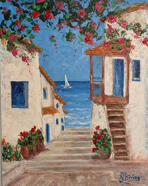 This is an 11 x 14 acrylic on canvas Mediterranean Greek Islands village alley to the sea . #greece #greeceislands #acryliconcanvas #mediterranean #mediterraneanart #mediterraneanpainting #artoftheday🎨 #artoftheday #artpost #wallart #walldecor #sea #acrylicpainting #acrylicpaintings Painting Ideas On Canvas Greece, Greece Inspired Painting, Painting Ideas On Canvas Italy, Greece Painting Easy, Painting Ideas Sea, Sea Painting Ideas, Canvas Sea Painting, Greece Houses, Mediterranean Artwork