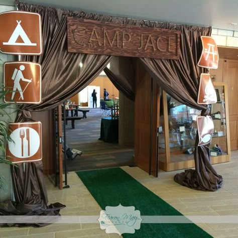 Camping Party Entrance Decor | Pretty My Party Camp Out Vbs, Camping Vbs, Everest Vbs, Camp Vbs, Camping Classroom, Camp Party, Camping Books, Camping Theme Classroom, Indoor Camping