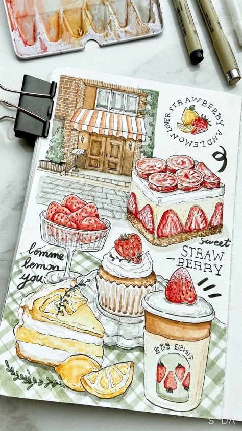 Food Art Inspiration, Book Of Drawings, Art Inspo Sketchbooks Aesthetic, Cute Food Drawing Ideas, Drawing New Ideas, Illustration Drawing Ideas, Watercolor Art Sketches, Art Idea Aesthetic, Food Art Journal