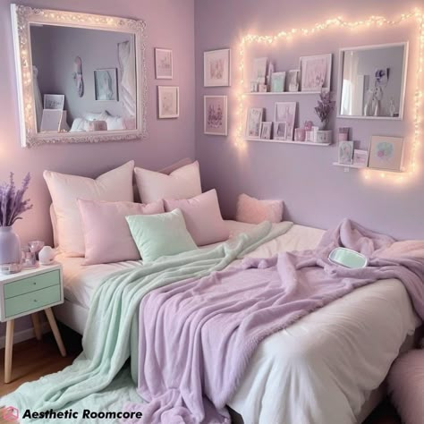 Pastel Purple Aesthetic Room Decor 💜🤍💜🤍💜 #pastelpurple #pastelpurpleaesthetic #pastelpurpledecor #pastelpurpleroom #aestheticroom #roomdecor #tumblrroom #coolroom #coolrooms #cuteroom #pastelroom #bedroomdecor #bedroomstyling #bedroomstyle Cute Purple Bedroom Aesthetic, Pale Purple Bedroom Ideas, Mint And Purple Bedroom, Pastel Purple Dorm Room, Bed Decor Ideas Aesthetic, Pastel Coloured Bedroom, Light Purple Aesthetic Bedroom, Dream Aesthetic Room, Pastel Purple Kids Room