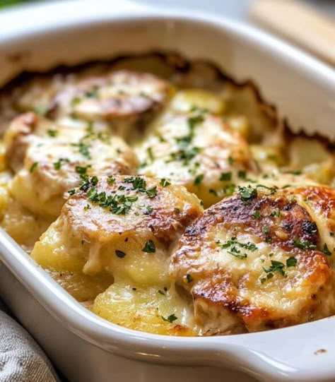 Pork Chop And Sausage Recipes, Stuffed Pork Loin Chops Recipes Boneless, Potatoes Drawing, Pork Chop And Potato Casserole, Scalloped Potato Casserole, Pork Chop Casserole, Smoked Pork Chops, Pudding Tart, Cheesy Scalloped Potatoes