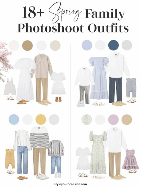 Looking for family photo outfits for a spring photoshoot? These 18+ spring family photos will inspire your attire so you look and feel amazing! Choose from neutral outfit to pastel color combinations, gingham, stripes, denim, and more. There’s casual outfits (jeans), or more dressy (floral dresses). From the city to the beach you’re covered! #2022 #familyphotooutfits Spring Family Photoshoot Outfits, Spring Family Photoshoot, Spring Photoshoot Outfits, Picture Color Schemes, Spring Family Photo Outfits, Spring Family Pictures, Spring Family Photos, Summer Family Pictures, Family Portrait Outfits