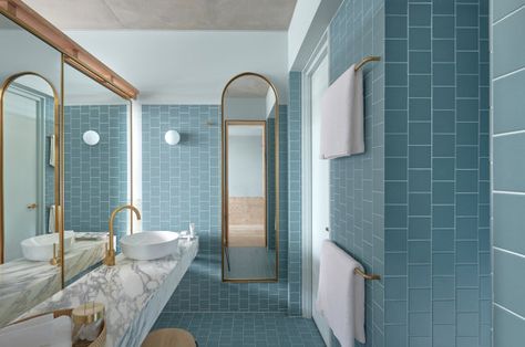 Coming clean: the new hotel-bathroom experience | News Second Floor Extension, Club Design Ideas, Hotel Corridors, Heath Ceramics Tile, Bathroom Public, Calile Hotel, Public Restroom Design, Organic Coastal, Moxy Hotel