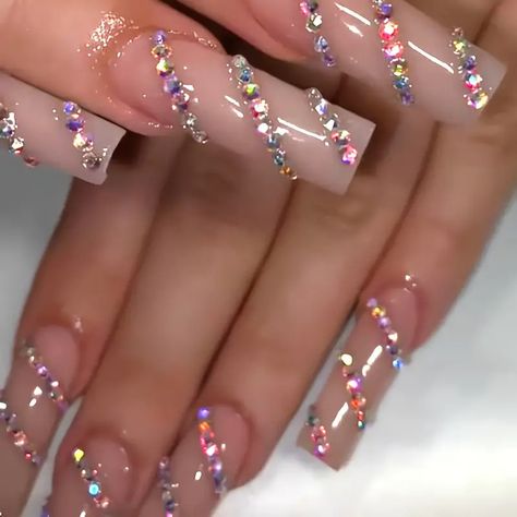 Extra Long Press Nails In Creamy White Rhinestone - Temu Junk Nails, Fake Nails Long, Long Press On Nails, Nails Design With Rhinestones, Shiny Nails, Bling Acrylic Nails, Gem Nails, Glam Nails, Birthday Nails