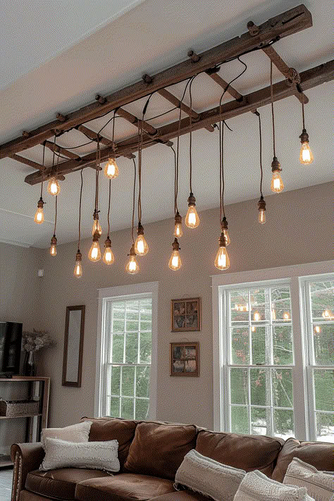 40 Farmhouse Ladder Decor Designs for Every Season Farmhouse String Lights, Ladder Lights Hanging Kitchen, Farmhouse Rustic Decor Living Room, Pallet Lighting Ideas, Over Bar Lighting Ideas, Ladder Lights Hanging, Hanging Lighting Ideas, Hanging Ladder From Ceiling, Diy Farmhouse Chandelier