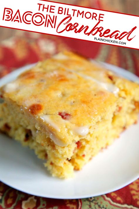 Bacon Cornbread Recipe - homemade sweet cornbread packed with fresh corn and bacon - recipe from The Biltmore in Asheville, NC. SO delicious! How could it not be with yummy bacon?!?! Ready in 30 minutes. Biltmore Recipes, Cornbread Ideas, Homemade Sweet Cornbread, Carolina Recipes, Bacon Cornbread, Bacon Corn, Cornbread Recipes, Biltmore House, Homemade Cornbread