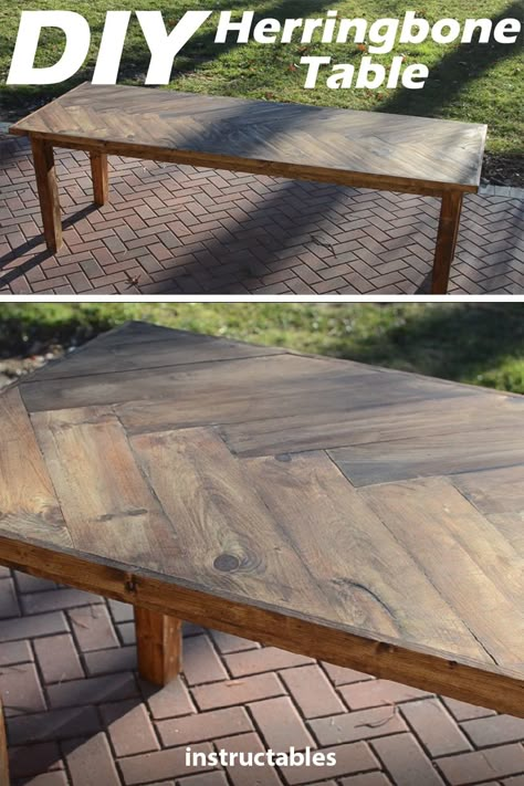 Diy Wooden Dinner Table, Homemade Wood Table, Dinner Table Diy Wooden, Wood Dinningroom Table, Herringbone Dining Table Diy, Wooden Table Top Ideas, Diy Dinner Table Wood, Herringbone Wood Table, Diy Dinner Table