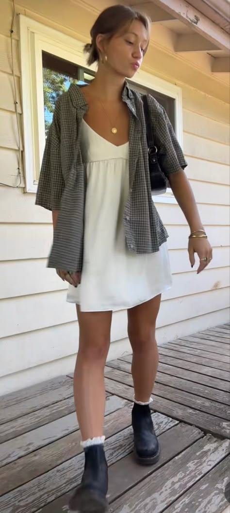 Summer Outfits Chilly Day, Short Dress And Vans Outfit, Backyard Concert Outfit, Greece Aesthetic Clothes, Casual Day Dress Outfit, Artsy Outfits Women, Tom Boy Chic Style Inspiration, Button Up And Dress Outfit, Europe Linen Outfits