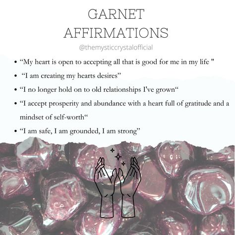 Find out more information about Garnet on my website. Follow the link for more details. Ethically sourced crystals are available for sale there as well! Don't forget to subscribe to our newsletter Garnet Affirmation, Crystal Affirmations, Garnet Meaning, Witch Journal, Witch Spell Book, Affirmations For Happiness, Crystals Healing Properties, Garnet Crystal, Witch Spell