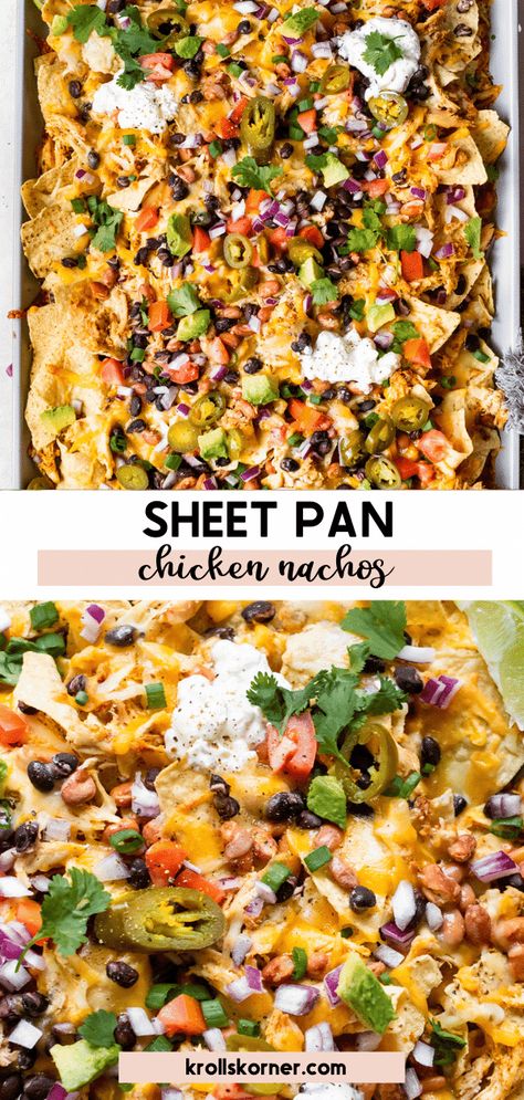 Sheet Pan Chicken Nachos • Kroll's Korner Chicken Tortilla Sheet Pan, Sheet Nachos Chicken, Sheet Pan Chicken Nachos Recipe, Sheet Pan Nachos Chicken, Chicken Nachos Sheet Pan, Chicken Sheet Pan Nachos, Mexican Churros, Sheet Pan Nachos, Rotisserie Chicken Tacos