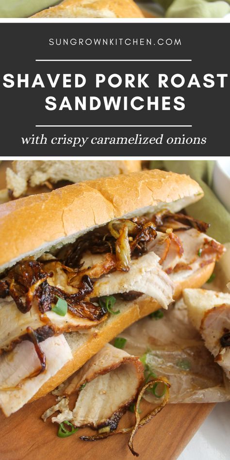 Shaved pork roast with crispy caramelized onions on a hoagie bun. Cold Pork Sandwiches, Pork Salad Sandwich, Pork Loin Sliders Sandwiches, Sliced Pork Sandwich Recipes, Pork Roast Sliders, Shaved Pork Sandwiches, Leftover Pork Loin Sandwich Recipes, Shaved Pork Recipes, Pork Loin Sandwich Recipes