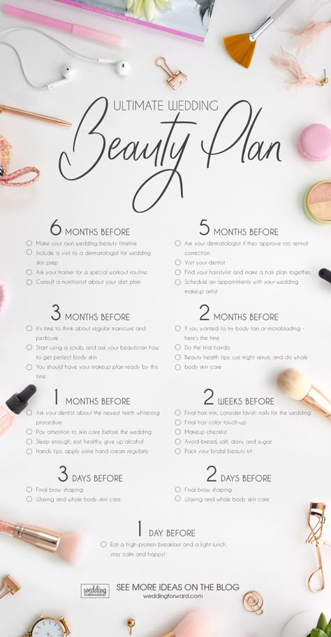 The Ultimate Wedding Beauty Plan (From Head To Toe) ❤︎ Wedding planning ideas & inspiration. Wedding dresses, decor, and lots more. #weddingideas #wedding #bridal Bridal Beauty Timeline, Wedding Beauty Plan, Wedding Beauty Timeline, Beauty Plan, Wedding Planning Timeline, Wedding Planning Guide, Wedding Timeline, Future Wedding Plans, Wedding Forward