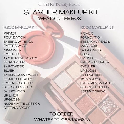 MAKEUP KITS AVAILABLE 🤍@glamherbeauty.room ORDER YOURS TODAY 😁 To Order WhatsApp: 0659506876☺️ Bride Makeup Kit List, Makeup List For Bride, Wedding Makeup Product List, Bridal Makeup Kit Products List, Makeup Kit For Bride, Bridal Makeup Kit List, Bridal Makeup Products, Bridal Makeup Kit, Bridal Kit