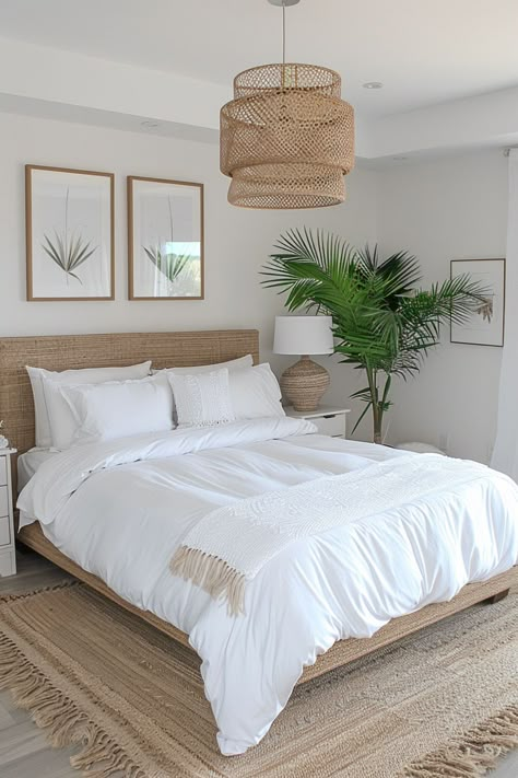 Seagrass Bedroom Ideas, Rental Bedroom Ideas Apartment, Hawaii Interior Design Decorating Ideas, Coastal Bedroom Inspiration, White Beach Bedroom, Bali Style Bedroom, Home Bedroom Refresh, Cozy Summer Bedroom, Small Bedroom Lighting Ideas