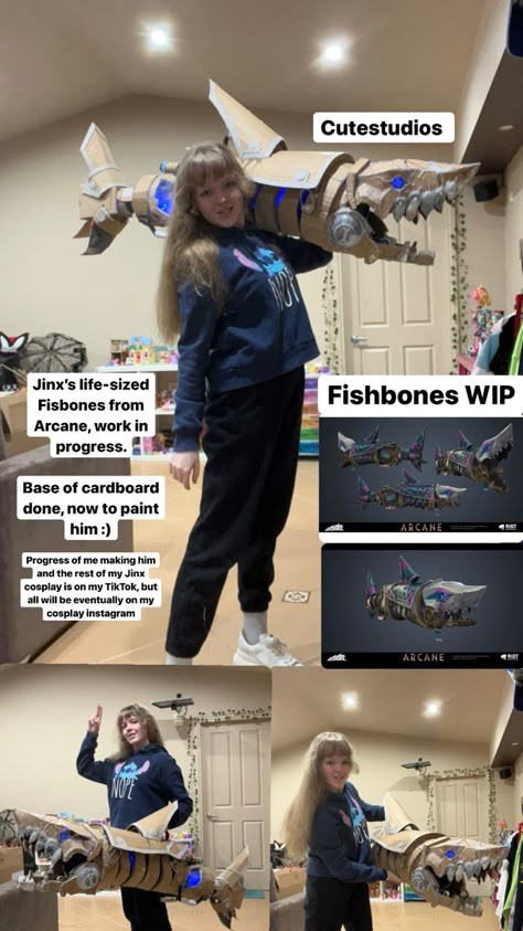 Jinx Fishbones Arcane, Diy Jinx Cosplay, Jinx Paper Craft, Jinx Crafts, Jinx Cosplay Tutorial, Jinx Shark Cannon, Jinx Shark Bazooka, Arcane Diy Crafts, Fishbones Arcane